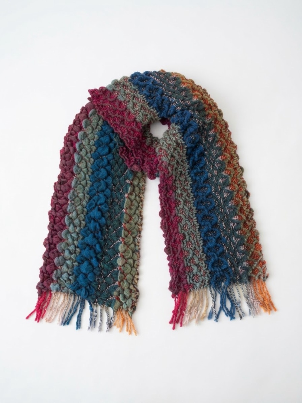 Artisan Multi-Color Textured Knit Scarf Jewel Tone Fringe Boho Dark Academia